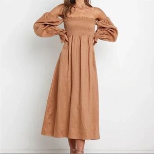 Petal and Pup 100% Linen off shoulder Puff sleeve Smocked midi Dress cottagecore